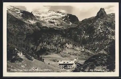 AK Kärlingerhaus, Blick auf die Berghütte am Funtensee hinab