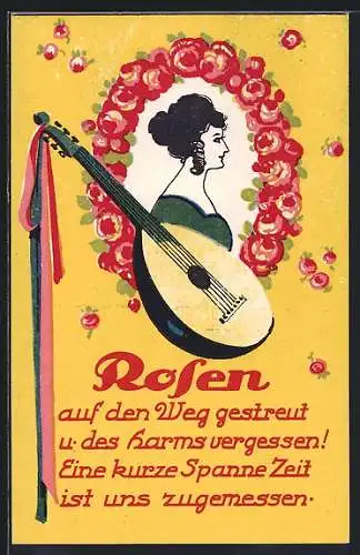 AK Laute, Junge Frau im Rosenrahmen