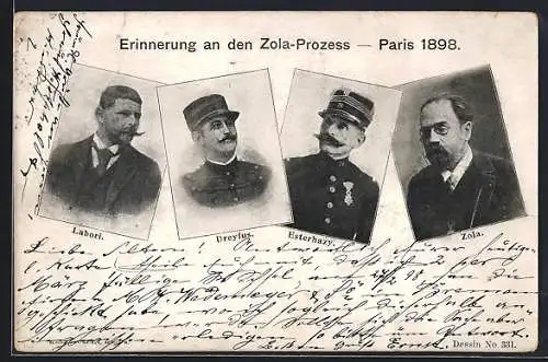 AK Paris, Affaire Dreyfus, Zola-Prozess 1898, Porträts von Esterhazy, Labori, Zola und Dreyfus