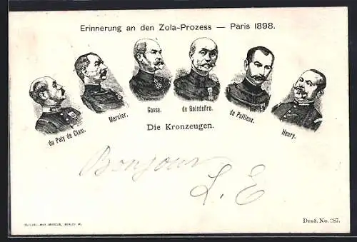 AK Paris, Zola-Prozess 1898, Dreyfus-Affaire, Die Kronzeugen