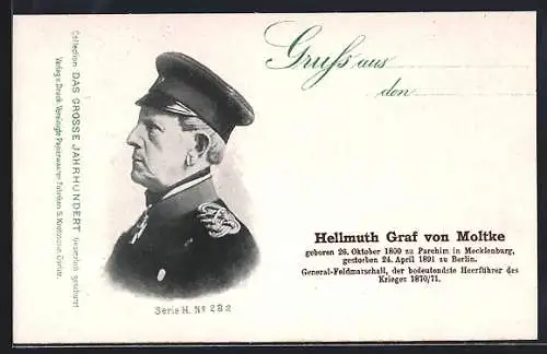 AK Preussicher General-Feldmarschall Hellmuth Graf von Moltke in Uniform mit Mütze