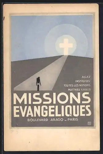 AK Missions Evangeliques, Mann auf dem Weg zum Kreuz