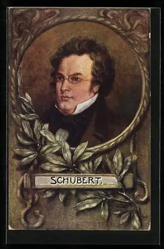 Künstler-AK Schubert, Portrait in Zierrahmen