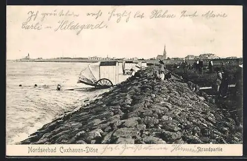 AK Cuxhaven-Döse, Strandpartie mit Stadtpanorama, Badewagen