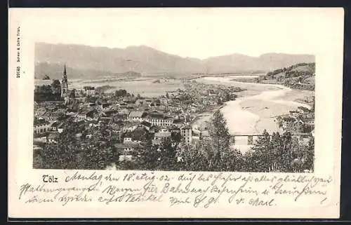 AK Tölz, Teilansicht mit Bergpanorama aus der Vogelschau