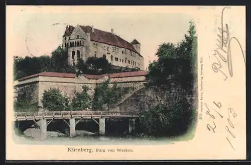 AK Nürnberg, Blick vom Burggraben auf die Burg von Westen