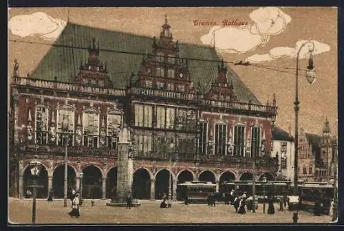 AK Bremen, Am Rathaus, mit Strassenbahnen