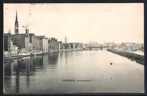 AK Bremen, Unterweser mit Ortspanorama und Brücke