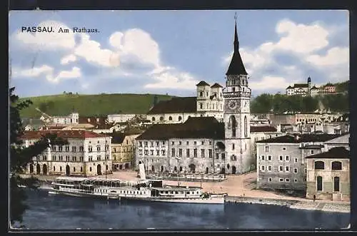 AK Passau, Binnenschiff MS Schönbrunn vor dem Rathaus
