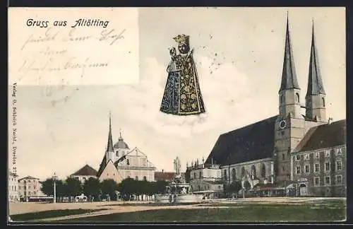 AK Altötting, Panorama mit schwebender Jungfrau