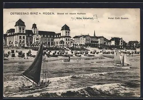 AK Binz /Rügen, Strand mit neuem Kurhaus, Hotel Kaiserhof u. Hotel Cafe Kramm