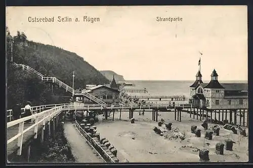 AK Sellin /Rügen, Strandpartie mit Steg und Treppe