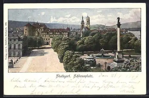 AK Stuttgart, Schlossplatz mit Denkmal