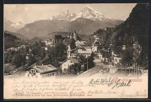 AK Berchtesgaden, Ortsansicht mit Gipfelblick