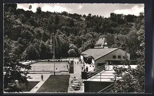 AK Pforzheim, Schwimmbad aus der Vogelschau