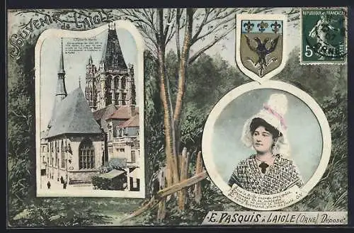 AK L`Aigle, Souvenir de l`Aigle, L`Église St-Martin et Portrait de Mme E. Vasquis