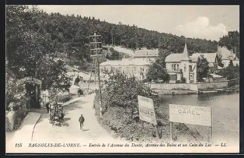 AK Bagnoles-de-l`Orne, Entrée de l`Avenue du Dante, Avenue des Bains et un Coin du Lac