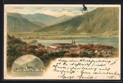 Lithographie Egern /Tegernsee, Ortsansicht mit dem Tegernsee und den Bergen