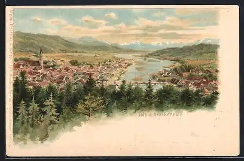 Lithographie Tölz, Ortsansicht mit Krankenheil