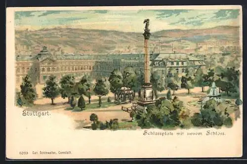 Lithographie Stuttgart, Schlossplatz mit neuem Schloss