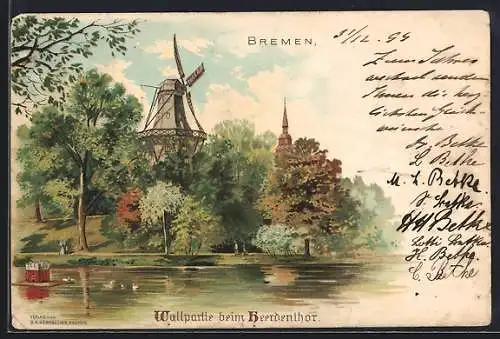 Lithographie Bremen, Wallpartie beim Heerdentor mit Windmühle