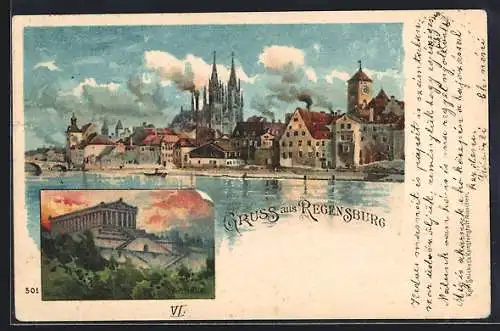 Lithographie Regensburg, Walhalla, Panorama mit Kirche