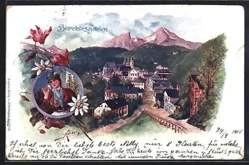 AK Berchtesgaden, Panorama und gut gekleidete Frau