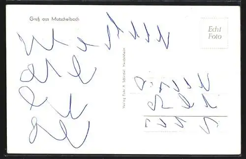 AK Mutschelbach, Wohnsiedlung, Kriegerdenkmal, Schule, Gesamtansicht mit Autobahn