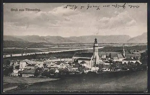AK Tittmoning, Ortsansicht mit Fluss und Gebirgsblick aus der Vogelschau