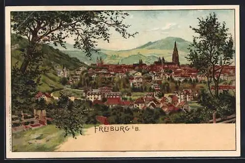 Lithographie Freiburg i. B., Ortsansicht mit Bergblick