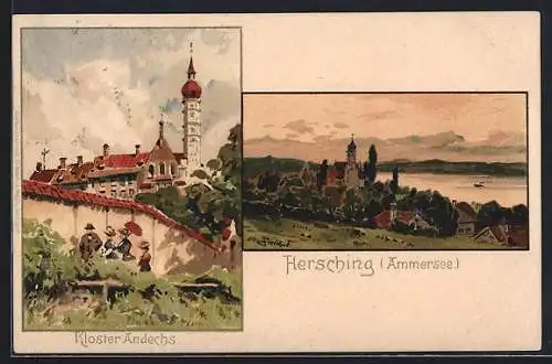 Künstler-AK Otto Strützel: Hersching a. Ammersee, Panorama und Kloster Andechs