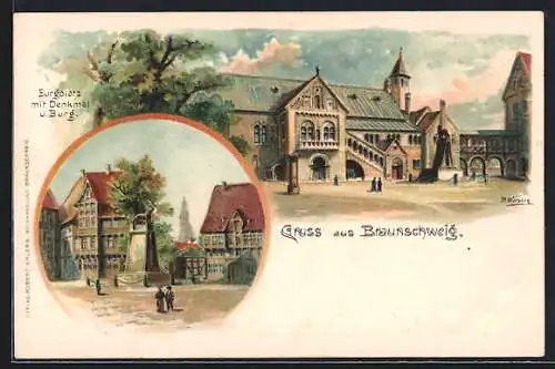 Lithographie Braunschweig, Burgplatz mit Denkmal und Burg