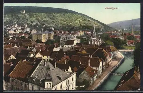 AK Ettlingen, Teilansicht mit Kirche