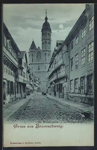 Mondschein-AK Braunschweig, Die Weberstrasse und Andreaskirche