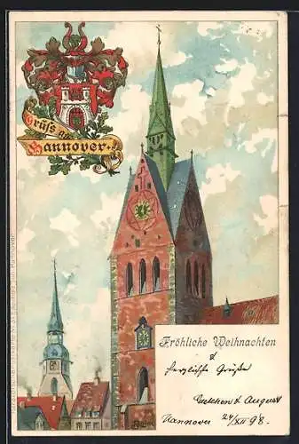 Lithographie Hannover, Blick auf die Kirche, Wappen