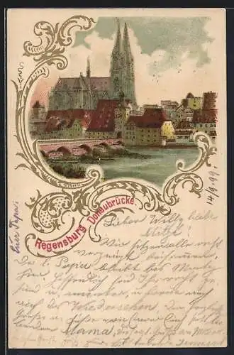 Lithographie Regensburg, Die Donaubrücke, Dom