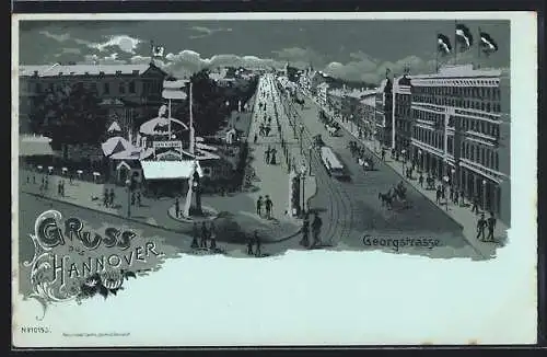 Mondschein-Lithographie Hannover, Die Georgstrasse bei Nacht