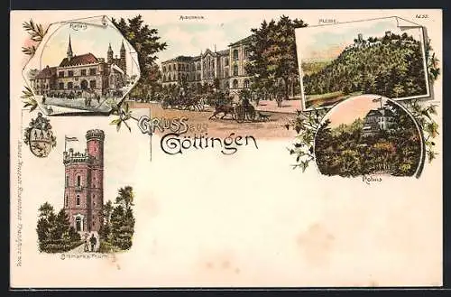 Lithographie Göttingen, Rathaus, Plesse, Rohns, Bismarckturm