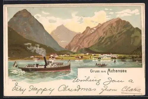 Lithographie Pertisau, Dampfer auf dem Achensee