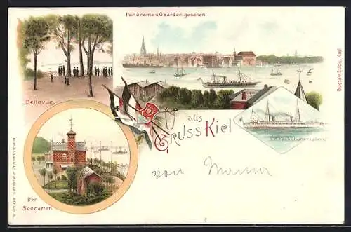 Lithographie Kiel, Bellevue, Seegarten, Dampfer, SM Yacht Hohenzollern, Wappen um 1900