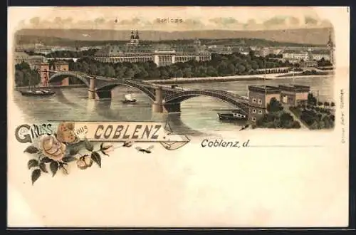 Lithographie Coblenz, Partie mit Schloss und Brücke