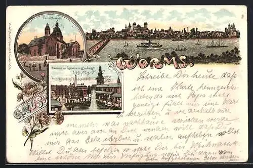 Lithographie Worms, Stadtpanorama, Paulus-Museum, Denkmal für Grossherzog Ludwig IV, Dampfer, Blumen, Um 1900