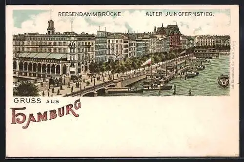 Lithographie Hamburg, Reesendammbrücke und Alter Jungfernsteig