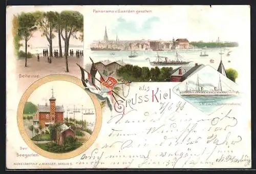 Lithographie Kiel, Bellevue, Seegarten, Dampfer, SM Yacht Hohenzollern, Wappen um 1900