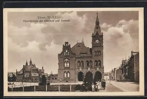 AK Düren, Victoriastrasse mit Südschule und Tonhalle