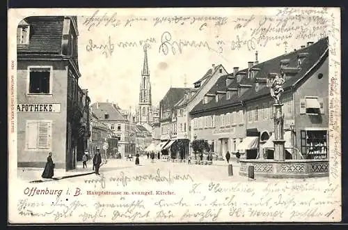 AK Offenburg i. B., Hauptstrasse m. evangel. Kirche