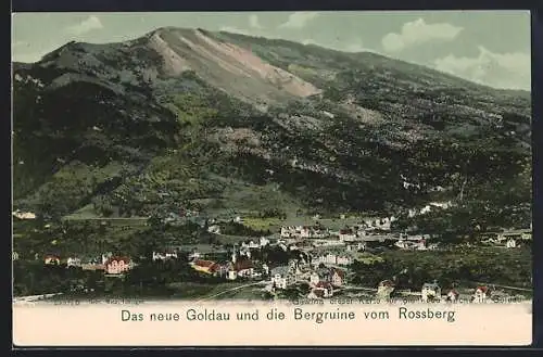 AK Goldau, Gesamtansicht mit Bergruine vom Rossberg