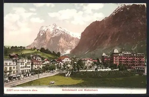 AK Grindelwald, Ortsansicht mit Blick auf das Wetterhorn