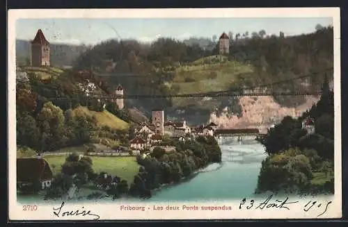 AK Fribourg, Les deux Ponts suspendu, Ortsrand mit Brücke