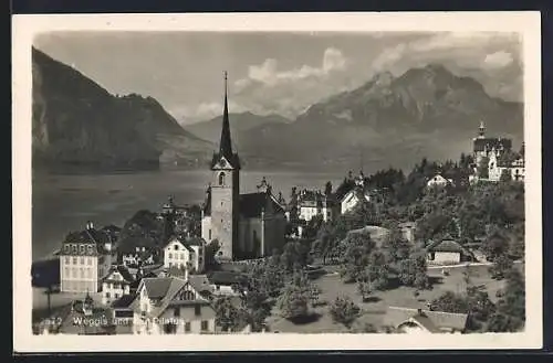 AK Weggis, Teilansicht mit Kirche und Pilatus